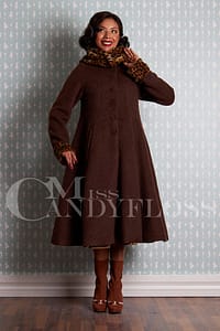 Den smukkeste retro-inspirerede vinterfrakke i uldblanding fra Miss Candyfloss, brun med leopardkrave og manchetter
