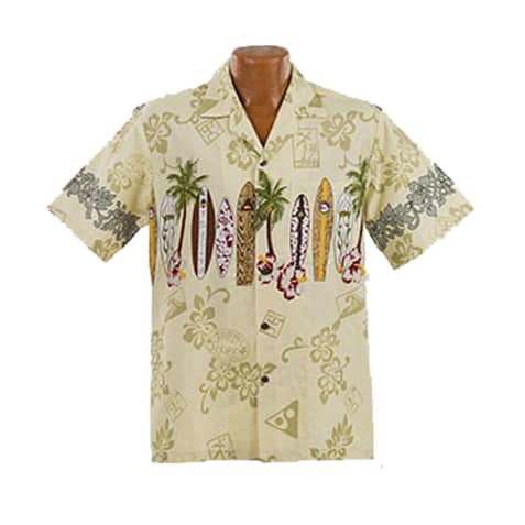 Lækker ægte Hawaiiskjorte, 100% bomuld i beige/cremehvid med hibiscus, hawaiimotiver og en række surfboards.