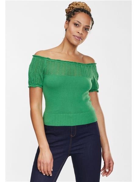 Paula top er en klassisk, strikket grøn vintage-inspireret top, der er alsidig og kan blive båret med ethvert outfit.