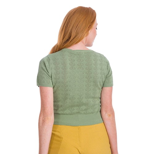 Alsidig og virkelig fin støvet grønstrikket bluse i klassisk elegant 40'er-50'er stil. Den har et fint hulmønster, som ligner sejlskibe.