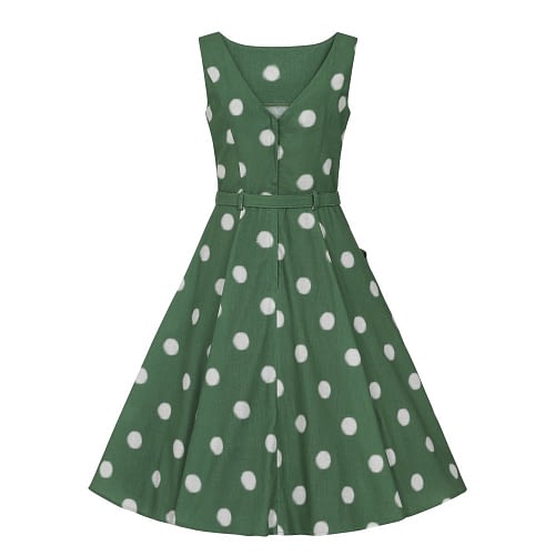 Polka dot kjoler er en klassiker i enhver vintage inspireret garderobe, og denne Hepburn model i grøn med store hvide polkadots er ingen undtagels