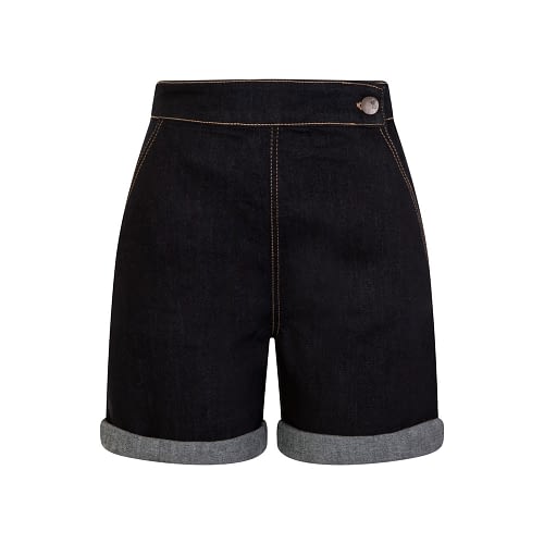 Højtaljede mørkeblå denim shorts i retrolook med stretch og opsmørg som kan foldes ned.