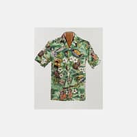 Lækker ægte Hawaiiskjorte, 100% bomuld i grøn fyldt med hibiscus, ukuleler, surfboards, palmer og rejseminder