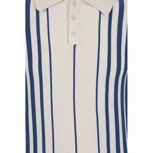Få det autentiske vintage look med denne flotte kortærmede blå og hvid stribede strikpolo med knaplukning i rigtig 50'er-60'er stil