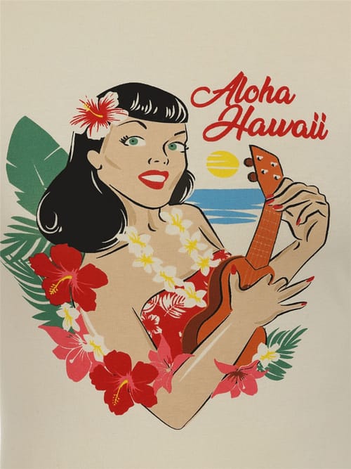 Aloha Hawaii! Klassisk t-shirt med et dejligt print af en Rock-a-hula-babe med en ukulele.