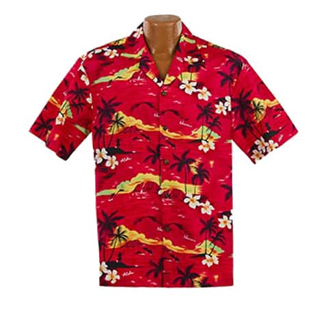 Lækker ægte Hawaiiskjorte, 100% bomuld i røde farver med palmer, solnedgange og hvide Plumeria blomster