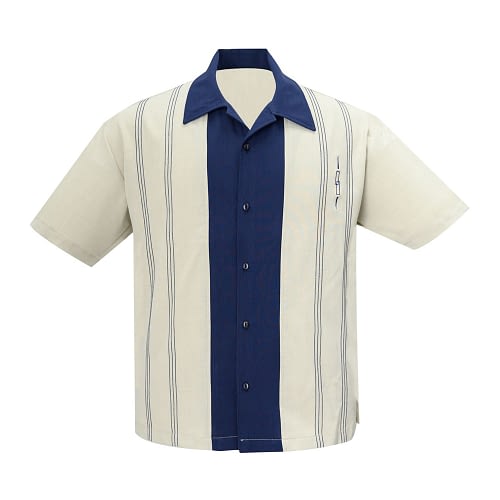The Harper er en cool, klassisk skjorte vintage inspireret 50er skjorte i gråhvid med navyblåt midterpanel og flotte stikninger og broderi fra Steady Clothing