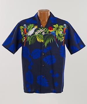 Lækker ægte Hawaiiskjorte, 100% bomuld i blå med ranke af papegøjer og grønne blade