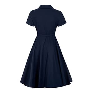 Caterina Plain Swing er en klassisk 50er skjortekjole i et navyblåt hørlignende bomuldsstof med lidt stræk.