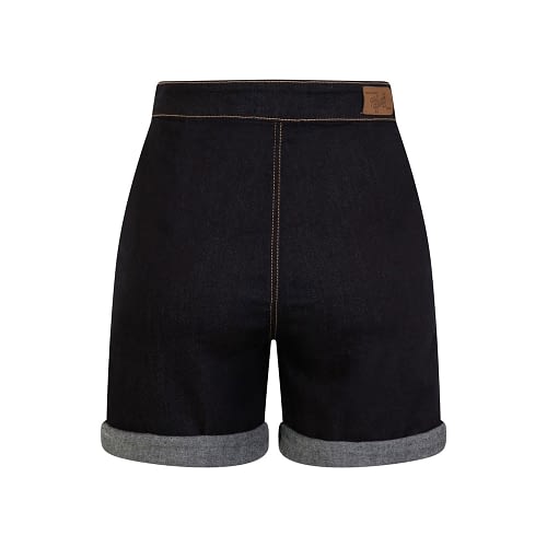 Højtaljede mørkeblå denim shorts i retrolook med stretch og opsmørg som kan foldes ned.
