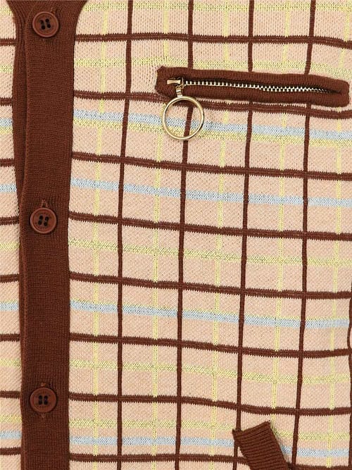 Thomas Checked Brown Cardigan i beige med brune og lyseblå tern fra Collectif's herrelinje