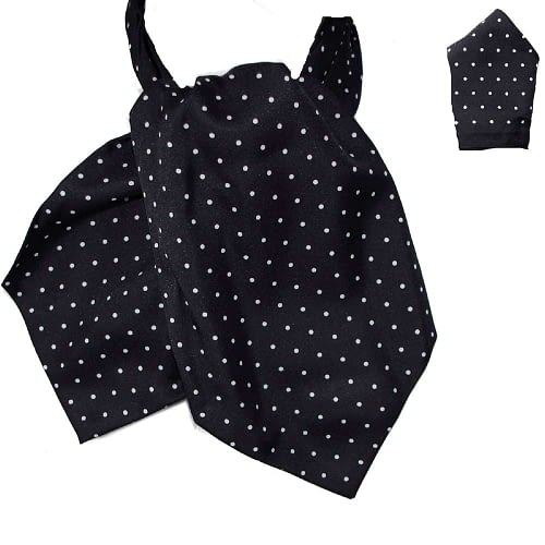 Klassisk matchende sæt med kravat og lommetørklæde i flot sort med hvide prikker