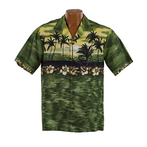 Lækker ægte Hawaiiskjorte, 100% bomuld i grøn med en dejlig solnedgang, palmer og hibiscusblomster