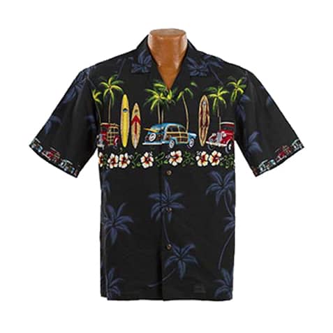 Lækker ægte Hawaiiskjorte, 100% bomuld i sort med mørkegrå palmer, Hibiscusranke, surfboards, grønne palmer og den klassiske Woody bil