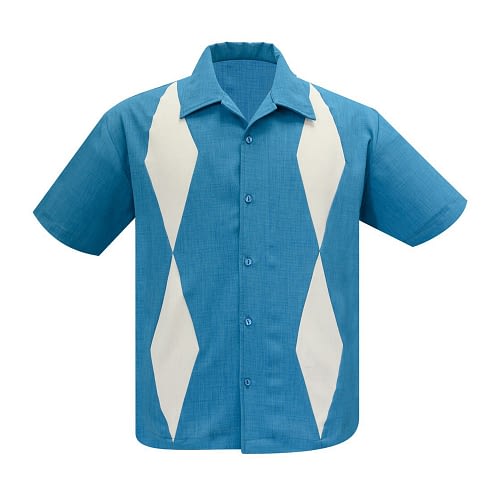 Diamond Duo er en cool, klassisk skjorte vintage inspireret 50er skjorte i rigtig flot pacific blå med gråhvidt rudermønster fra Steady Clothing