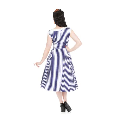 Blue Stripe Hepburner en klassisk rockabilly 50'er kjole med flotte lodrette blå og hvide striber