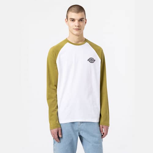 Dickies LS Cologne Baseball langærmet t-shirt, med kontrast farvede raglan ærmer i gulgrøn