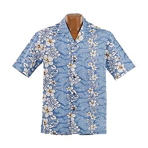 Flot Hawaii skjorte i lyseblå med hvide Hibiscusblomster ranker