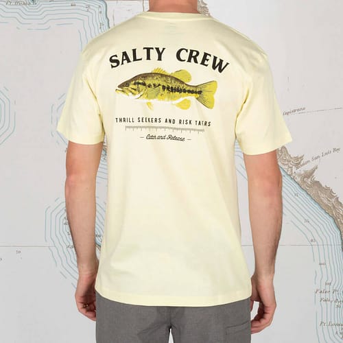 Salty Crew - Bigmouth t-shirt i lys gul med et flot print af en fisk og logo foran og et stort bagpå