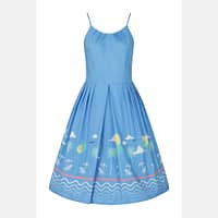 50s Holiday Swing kjole - fin blå strop sommerkjole med sommerprint forneden
