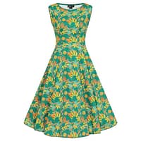 Hold ferie med Astrid Holiday Trip-kjole i smuk grøn med blomsterprint i levende gul, orange og lyseblå