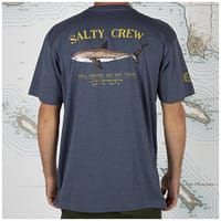 Salty Crew - Bruce t-shirt i blå med et flot print af en haj og logo foran og et stort bagpå.