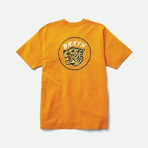 Brixton Kit t-shirt i gul med et lille tigerhoved og logo foran og et stort bagpå