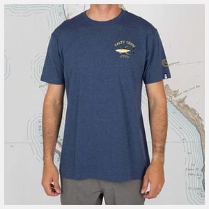 Salty Crew - Deep Reach t-shirt i meleret navyblå med et flot print af en fisk og logo foran og et stort bagpå