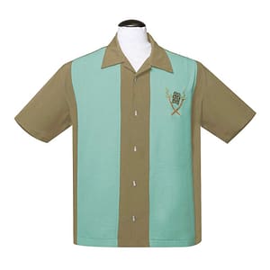 En virkelig flot grå skjorte med lyseblå paneler button up klassisk vintage-inspireret kortærmet skjorte fra Steady med broderede tiki og tiki-knapper.
