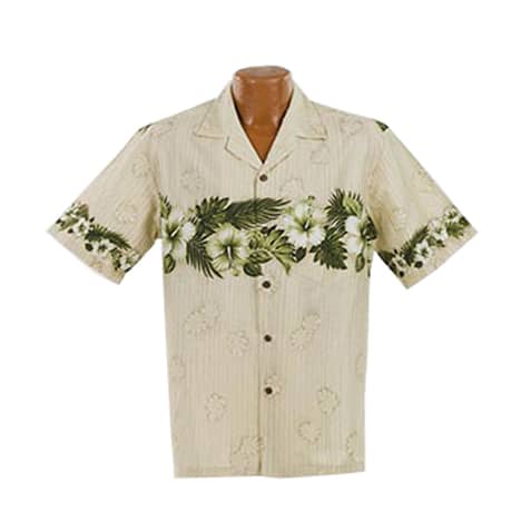 Lækker ægte Hawaiiskjorte, 100% bomuld i beige med svage striber og hvide og grønne Hibiscusblomster