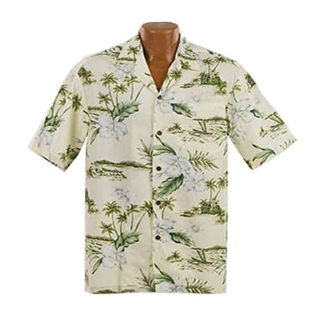Lækker ægte Hawaiiskjorte, 100% bomuld i cremehvid med palmer, grønne blade og hvide orkideer