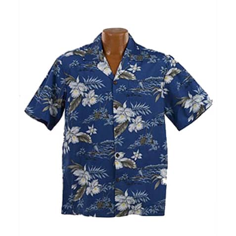 Lækker ægte Hawaiiskjorte, 100% bomuld i blå med palmer, grønne blade, kanoer og hvide orkideer