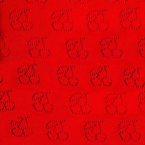 Cardigan i rød med kirsebær hulmønster strikket ind