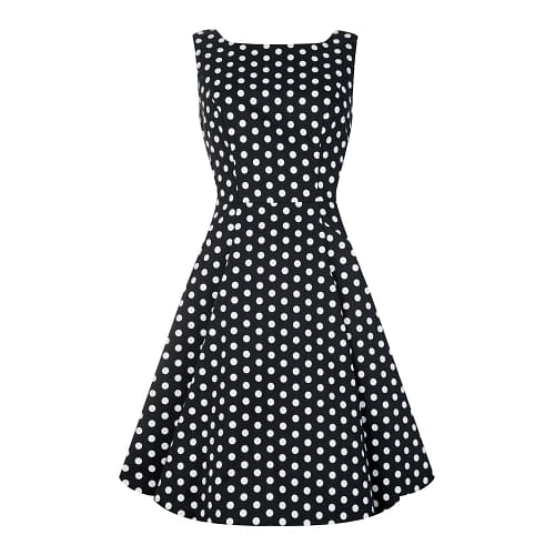 Polka dot kjoler er en klassiker i enhver vintage inspireret garderobe, og denne Hepburn model er ingen undtagelse.