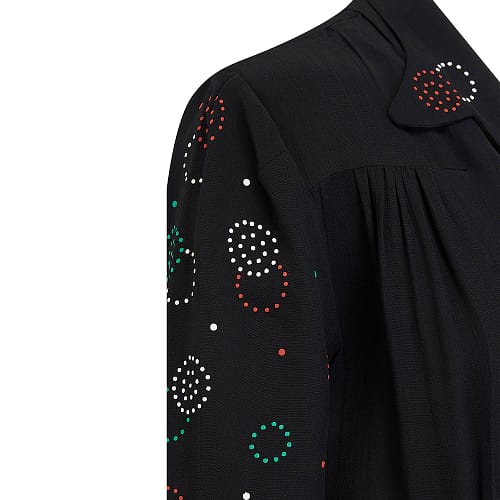 Seamstress of Bloomsbury Pip 40er skjortekjole i sort med med det fineste svulme print i orange, grøn og hvid 