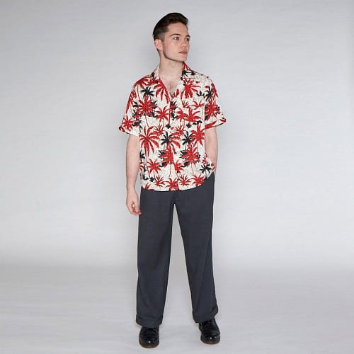Oscar Tomika 1950er Hawaiiskjorte med abstrakt mønster er en autentisk afslappet skjorte i 1950'er stil,
