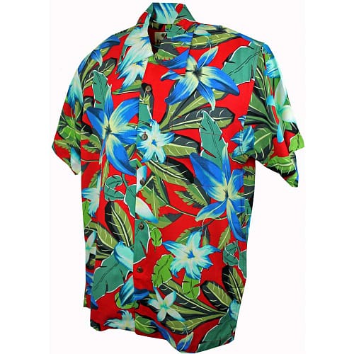 Orlando rød Hawaii skjorte med grønne blade og blå blomster