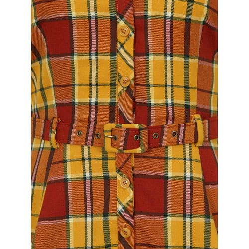 Collectif Caterina Autumn Leaves Check Swing skjortekjole er en klassisk skjortekjole med flotte tern i orange, gul og rød